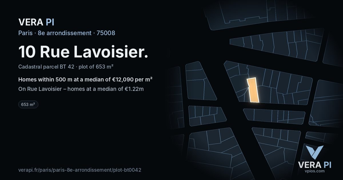 10 Rue Lavoisier, 8e arrondissement at night – the plot lit, the parcels around coloured by the prices near them