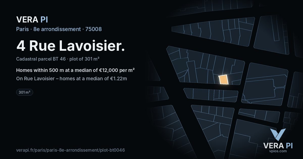 4 Rue Lavoisier, 8e arrondissement at night – the plot lit, the parcels around coloured by the prices near them