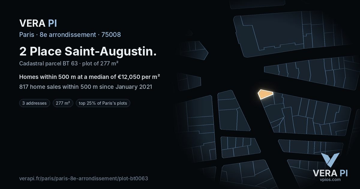 2 Place Saint-Augustin, 8e arrondissement at night – the plot lit, the parcels around coloured by the prices near them
