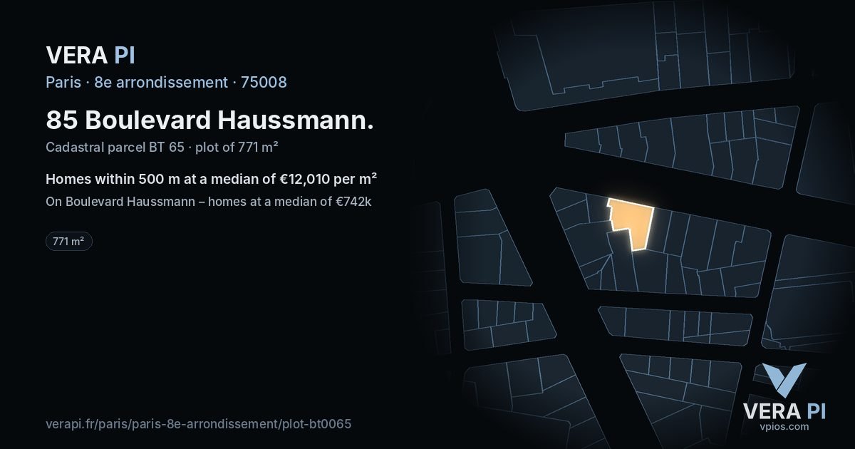 85 Boulevard Haussmann, 8e arrondissement at night – the plot lit, the parcels around coloured by the prices near them