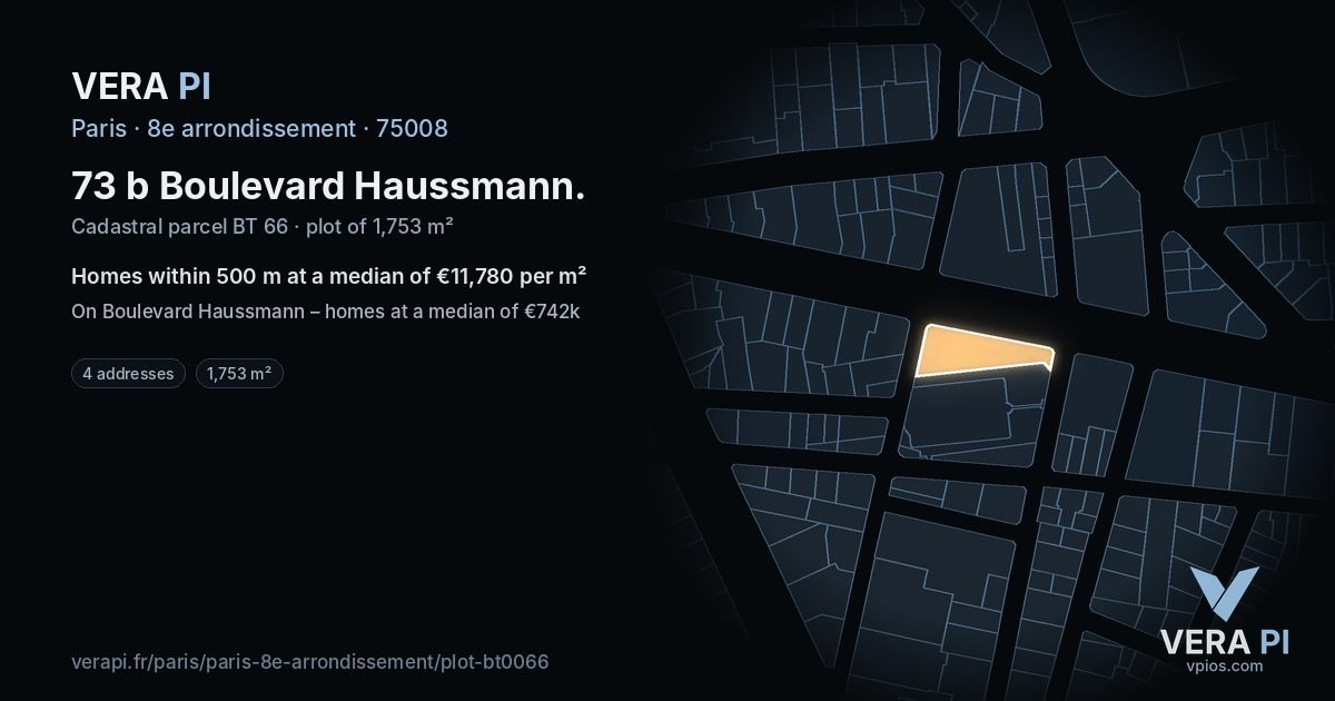 73 b Boulevard Haussmann, 8e arrondissement at night – the plot lit, the parcels around coloured by the prices near them
