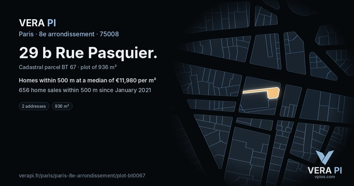 29 b Rue Pasquier, 8e arrondissement at night – the plot lit, the parcels around coloured by the prices near them