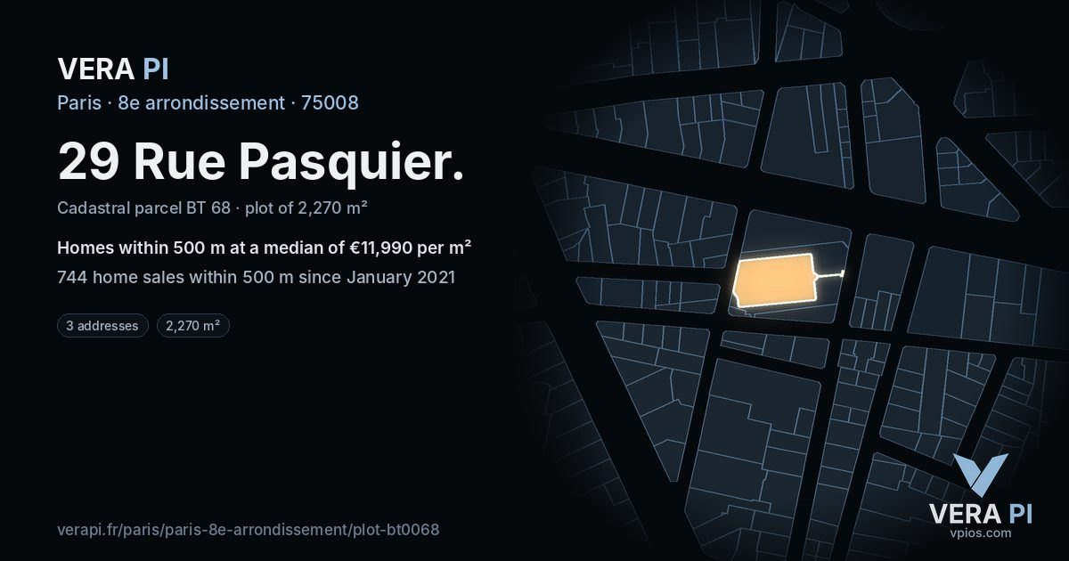 29 Rue Pasquier, 8e arrondissement at night – the plot lit, the parcels around coloured by the prices near them