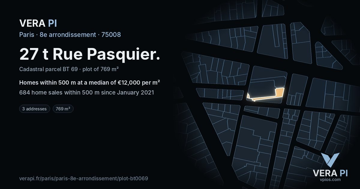 27 t Rue Pasquier, 8e arrondissement at night – the plot lit, the parcels around coloured by the prices near them