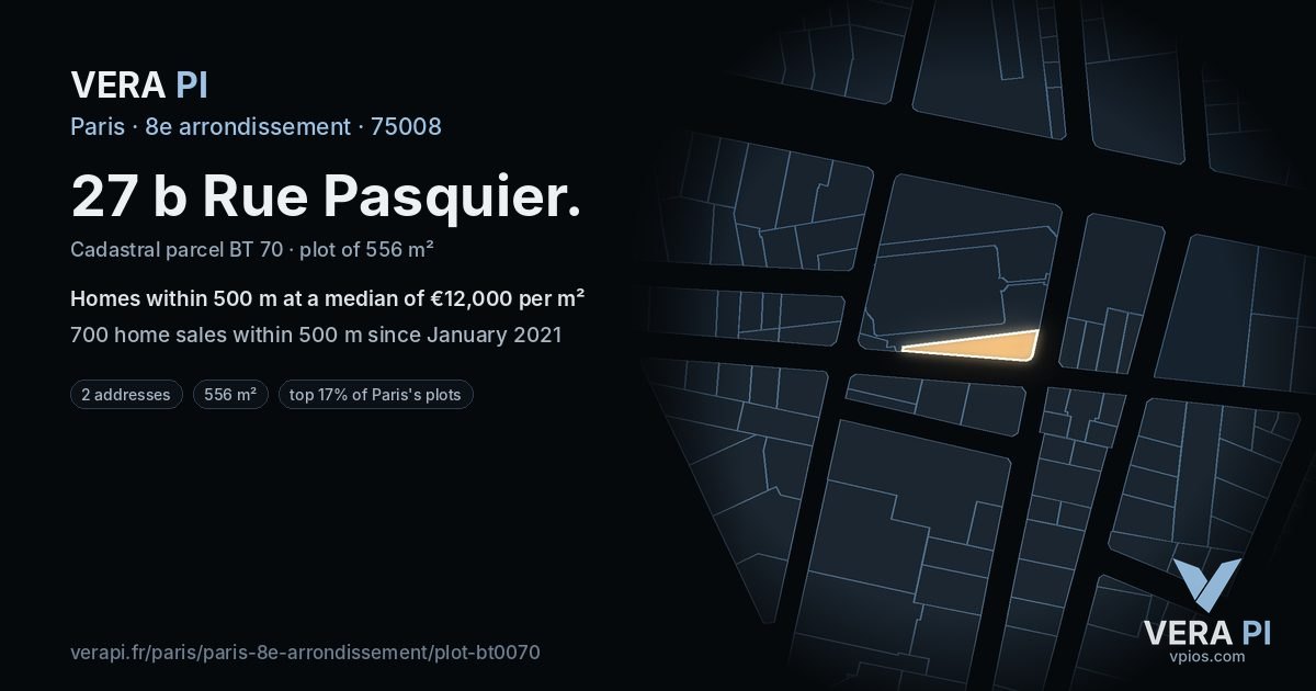 27 b Rue Pasquier, 8e arrondissement at night – the plot lit, the parcels around coloured by the prices near them