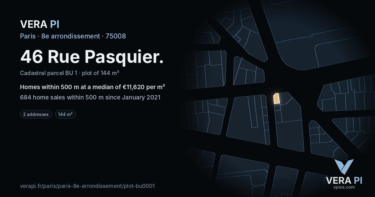 46 Rue Pasquier, 8e arrondissement at night – the plot lit, the parcels around coloured by the prices near them
