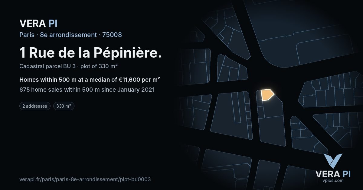 1 Rue de la Pépinière, 8e arrondissement at night – the plot lit, the parcels around coloured by the prices near them