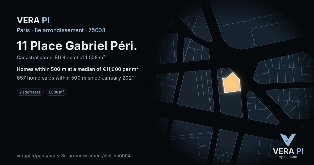 11 Place Gabriel Péri, 8e arrondissement at night – the plot lit, the parcels around coloured by the prices near them