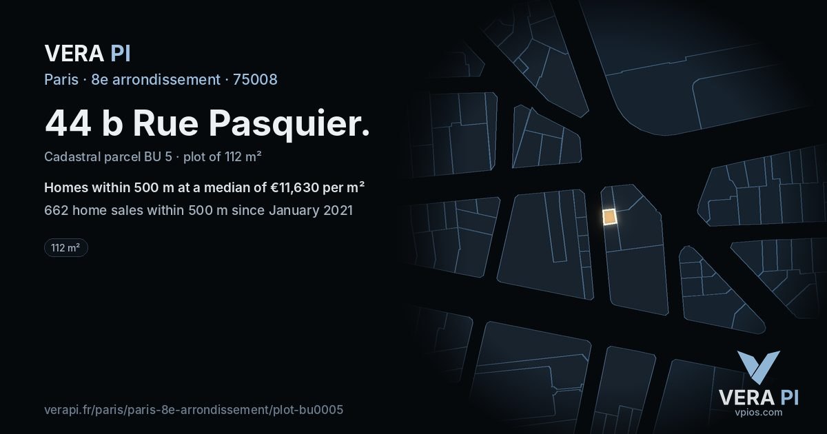 44 b Rue Pasquier, 8e arrondissement at night – the plot lit, the parcels around coloured by the prices near them