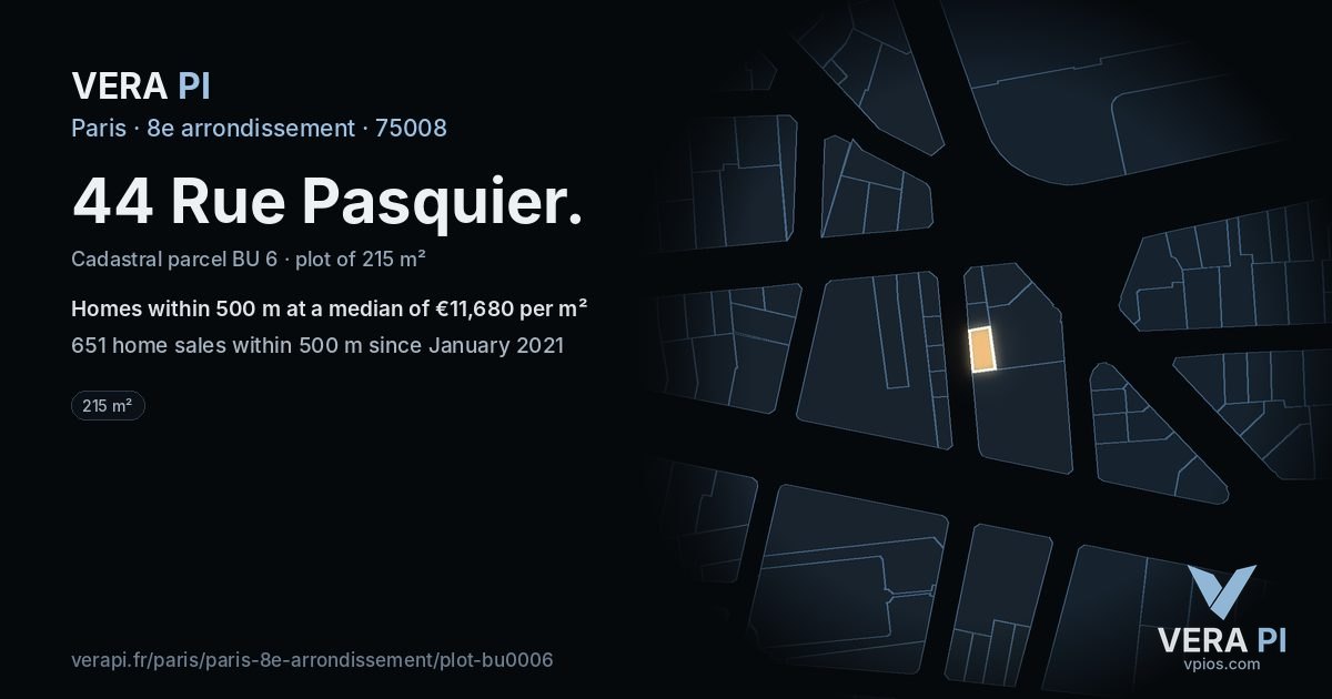 44 Rue Pasquier, 8e arrondissement at night – the plot lit, the parcels around coloured by the prices near them