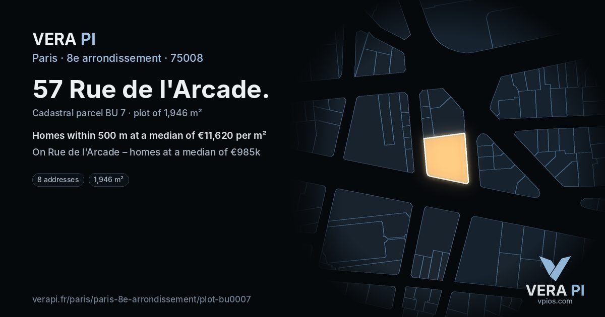 57 Rue de l'Arcade, 8e arrondissement at night – the plot lit, the parcels around coloured by the prices near them