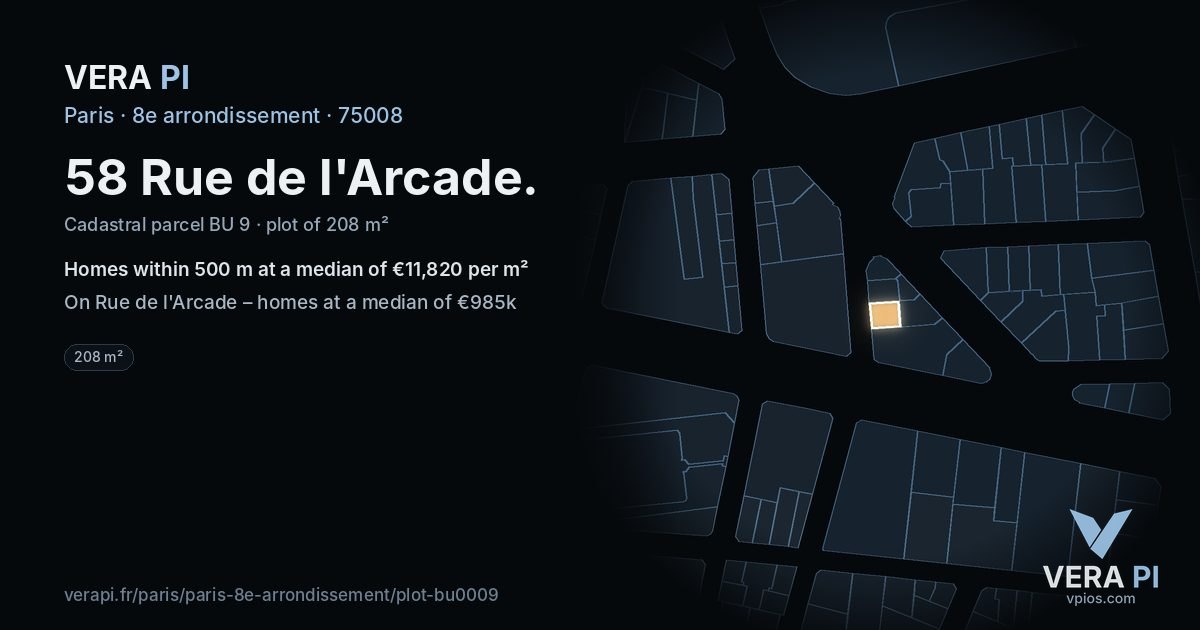 58 Rue de l'Arcade, 8e arrondissement at night – the plot lit, the parcels around coloured by the prices near them
