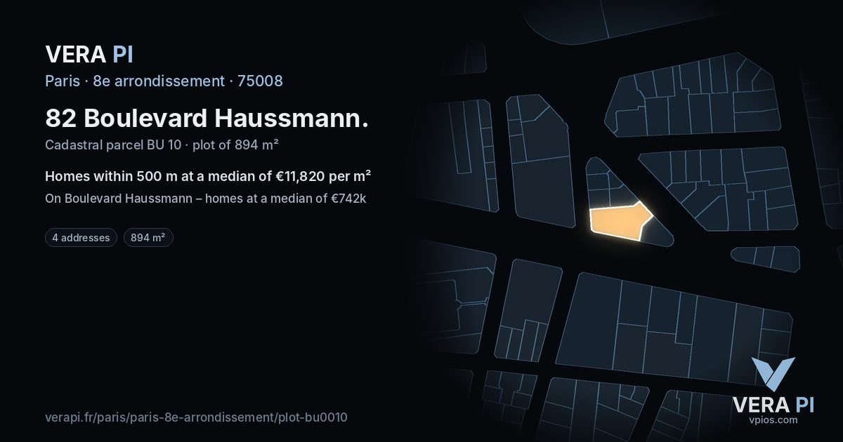 82 Boulevard Haussmann, 8e arrondissement at night – the plot lit, the parcels around coloured by the prices near them