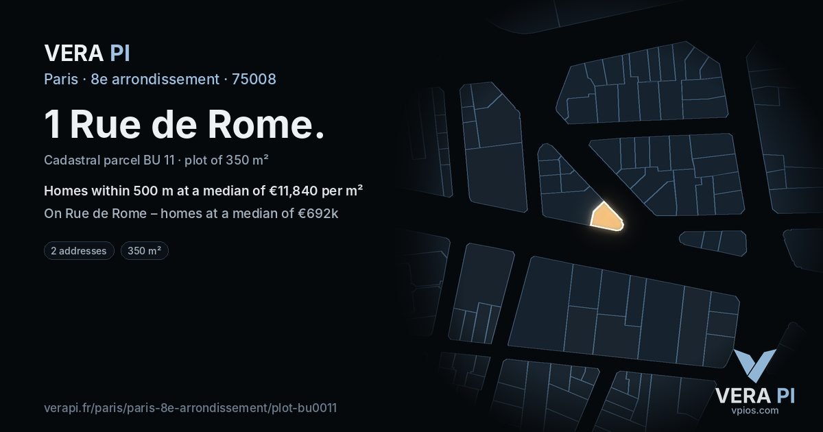 1 Rue de Rome, 8e arrondissement at night – the plot lit, the parcels around coloured by the prices near them