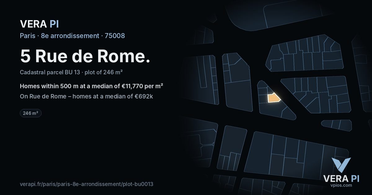 5 Rue de Rome, 8e arrondissement at night – the plot lit, the parcels around coloured by the prices near them