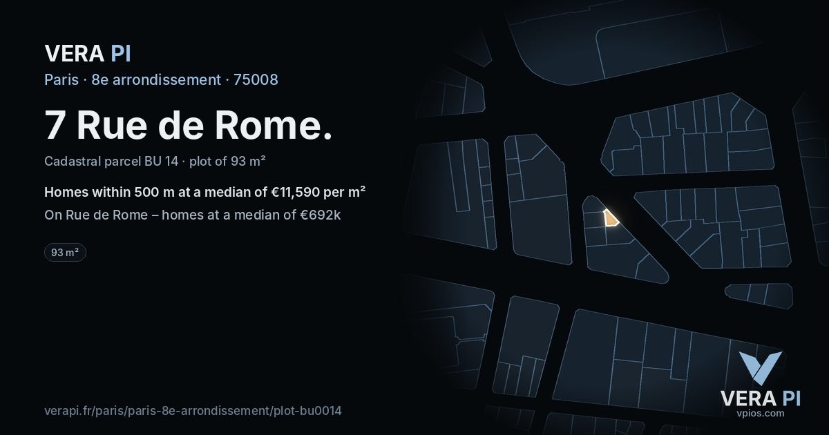 7 Rue de Rome, 8e arrondissement at night – the plot lit, the parcels around coloured by the prices near them