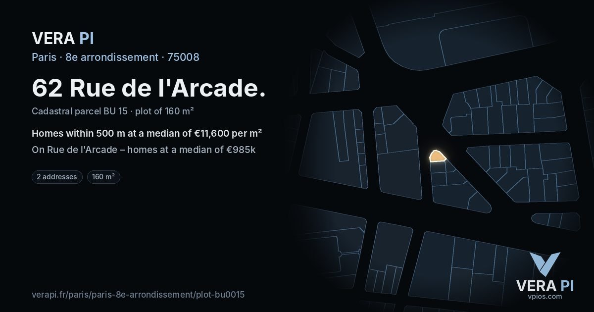 62 Rue de l'Arcade, 8e arrondissement at night – the plot lit, the parcels around coloured by the prices near them