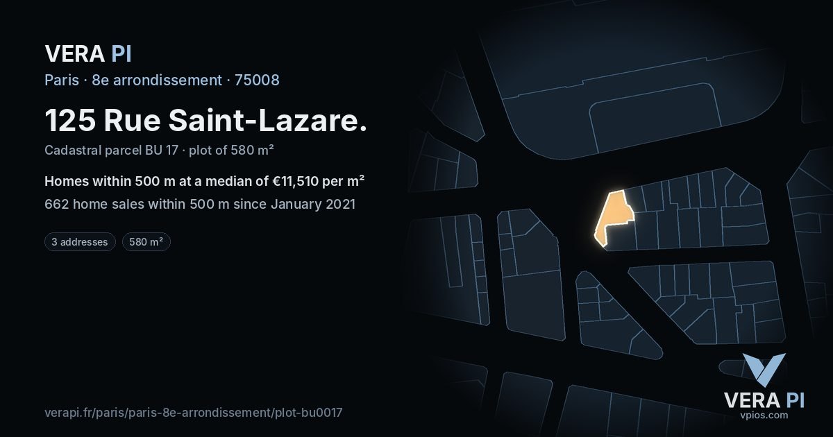 125 Rue Saint-Lazare, 8e arrondissement at night – the plot lit, the parcels around coloured by the prices near them