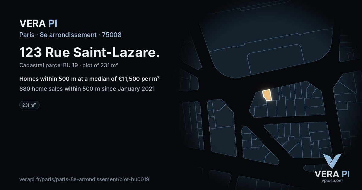 123 Rue Saint-Lazare, 8e arrondissement at night – the plot lit, the parcels around coloured by the prices near them