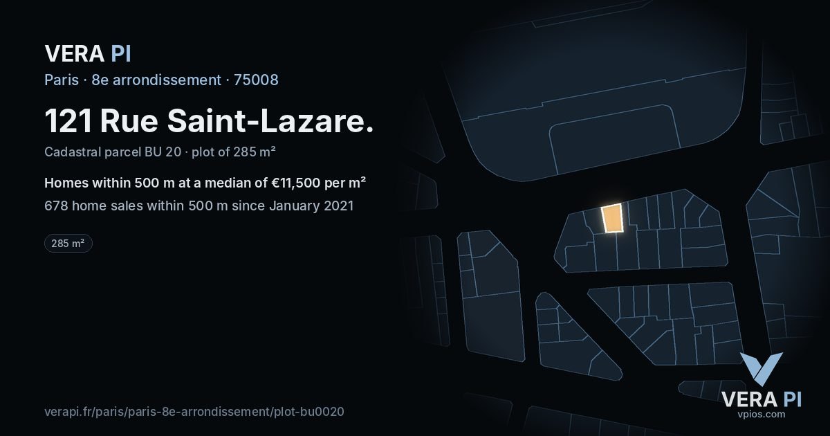 121 Rue Saint-Lazare, 8e arrondissement at night – the plot lit, the parcels around coloured by the prices near them
