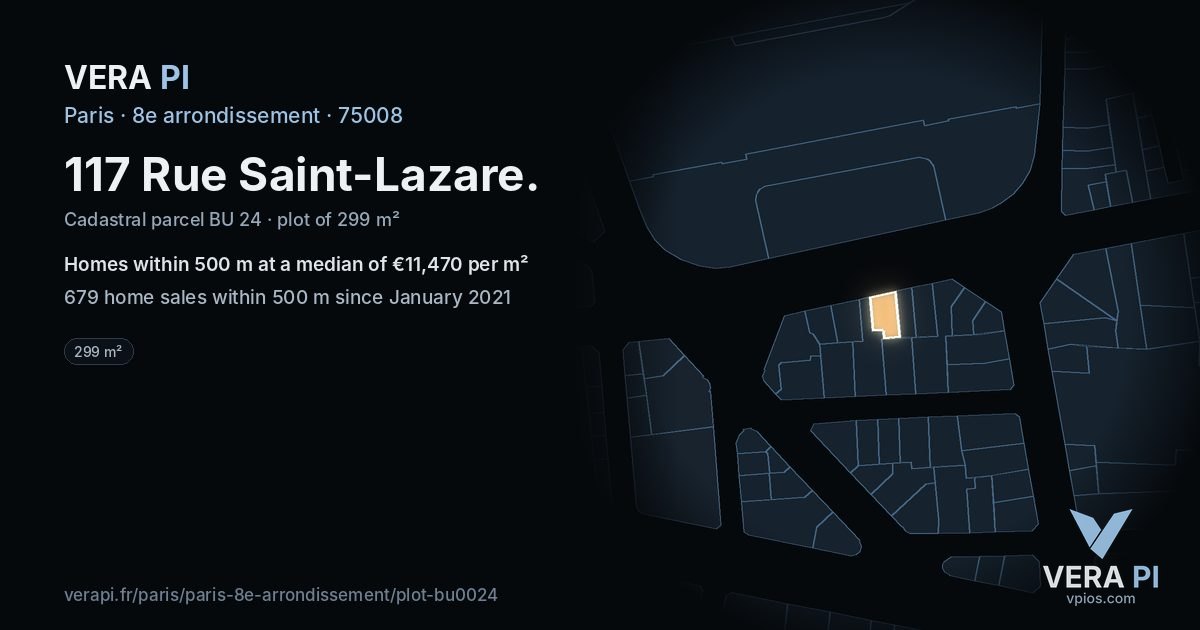 117 Rue Saint-Lazare, 8e arrondissement at night – the plot lit, the parcels around coloured by the prices near them