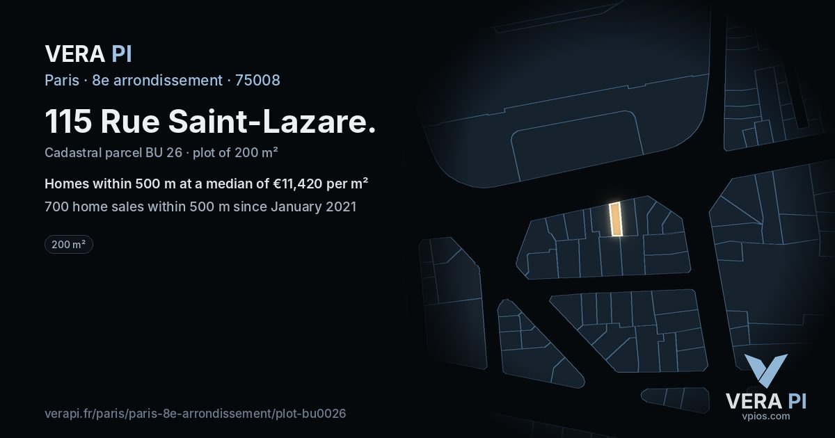 115 Rue Saint-Lazare, 8e arrondissement at night – the plot lit, the parcels around coloured by the prices near them
