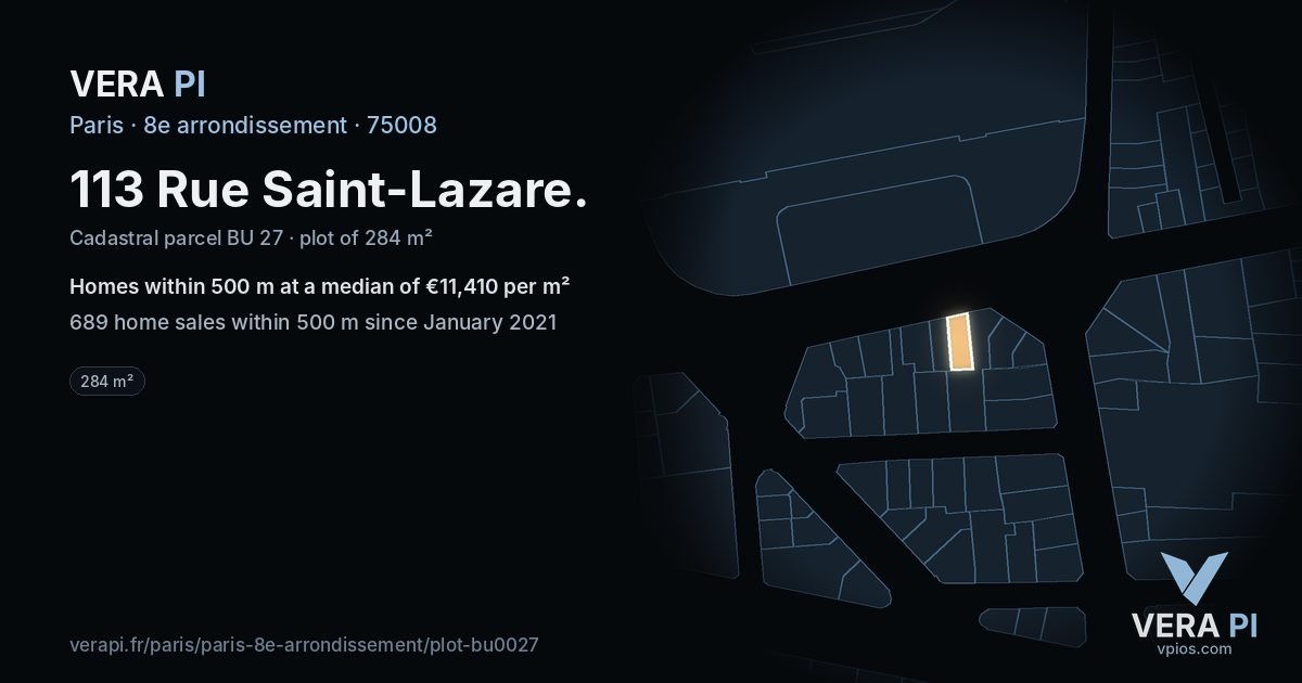 113 Rue Saint-Lazare, 8e arrondissement at night – the plot lit, the parcels around coloured by the prices near them