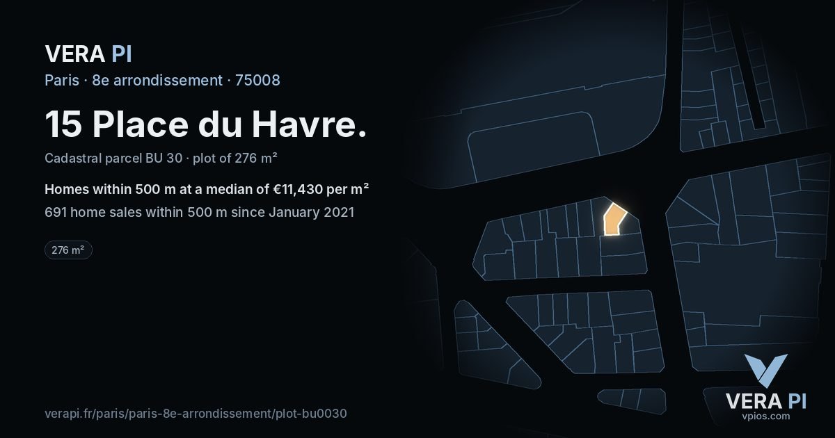 15 Place du Havre, 8e arrondissement at night – the plot lit, the parcels around coloured by the prices near them