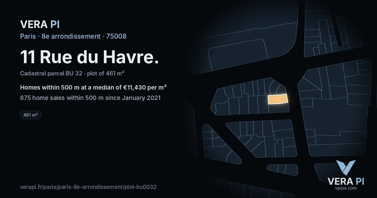 11 Rue du Havre, 8e arrondissement at night – the plot lit, the parcels around coloured by the prices near them