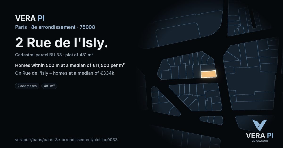 2 Rue de l'Isly, 8e arrondissement at night – the plot lit, the parcels around coloured by the prices near them