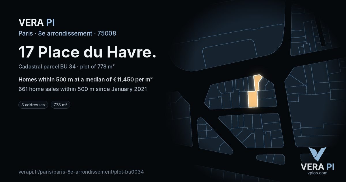 17 Place du Havre, 8e arrondissement at night – the plot lit, the parcels around coloured by the prices near them