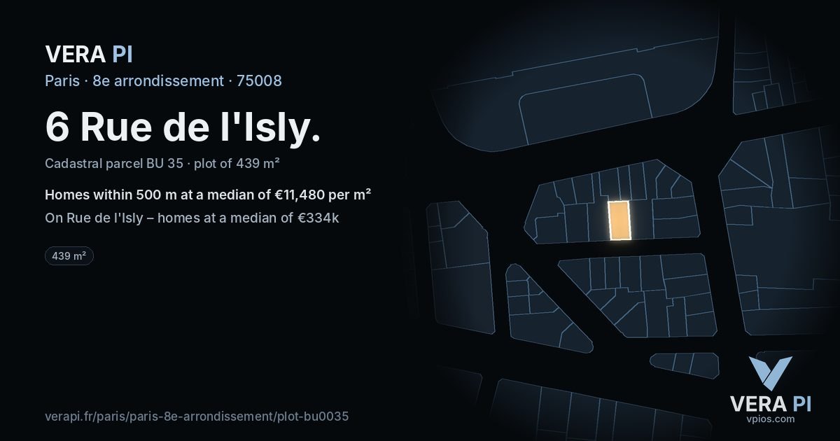 6 Rue de l'Isly, 8e arrondissement at night – the plot lit, the parcels around coloured by the prices near them