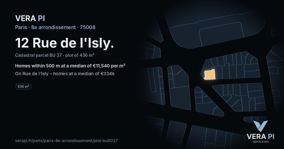 12 Rue de l'Isly, 8e arrondissement at night – the plot lit, the parcels around coloured by the prices near them