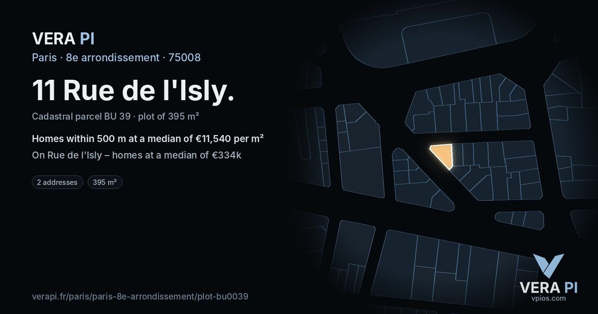 11 Rue de l'Isly, 8e arrondissement at night – the plot lit, the parcels around coloured by the prices near them