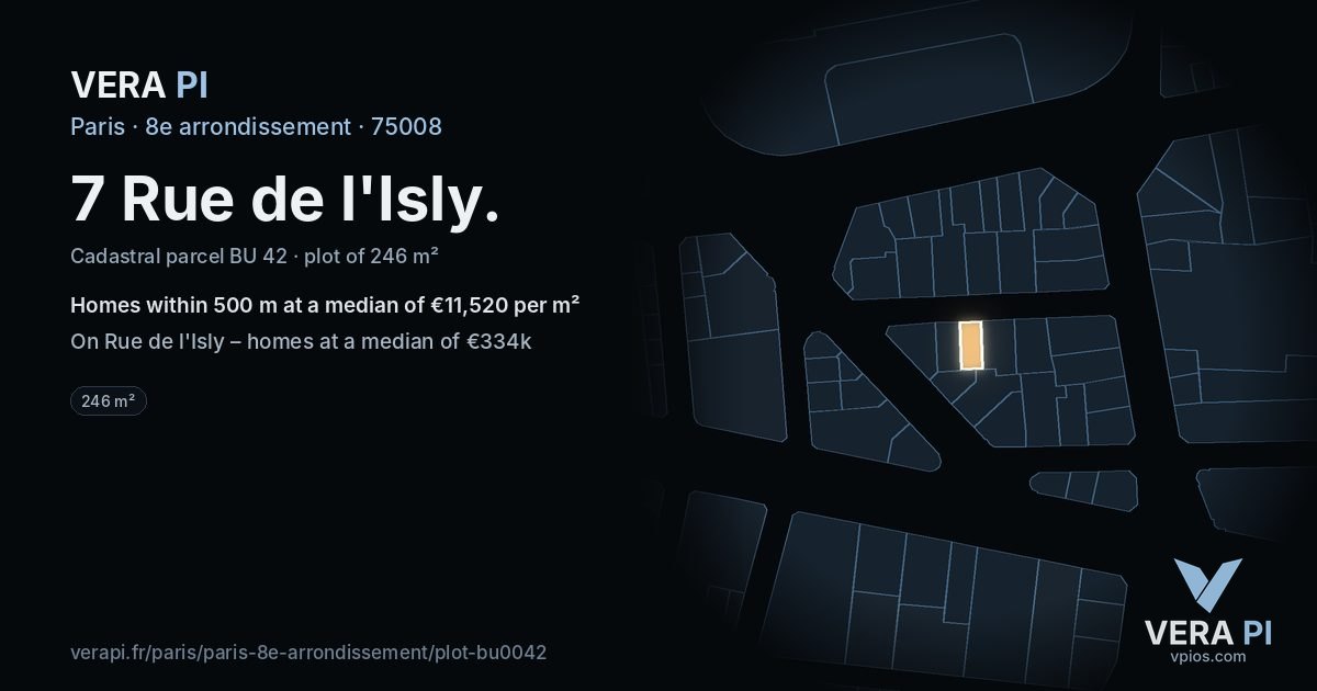 7 Rue de l'Isly, 8e arrondissement at night – the plot lit, the parcels around coloured by the prices near them