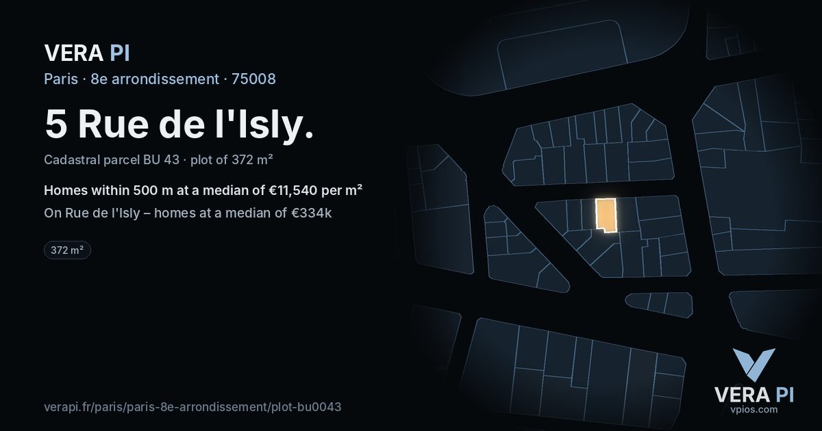 5 Rue de l'Isly, 8e arrondissement at night – the plot lit, the parcels around coloured by the prices near them