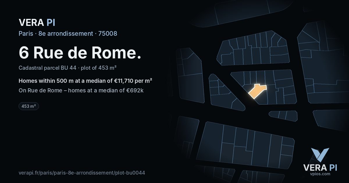6 Rue de Rome, 8e arrondissement at night – the plot lit, the parcels around coloured by the prices near them