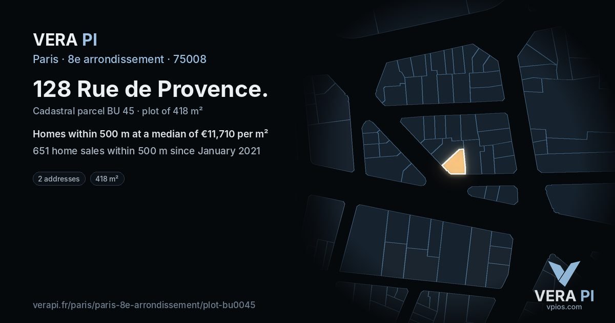 128 Rue de Provence, 8e arrondissement at night – the plot lit, the parcels around coloured by the prices near them
