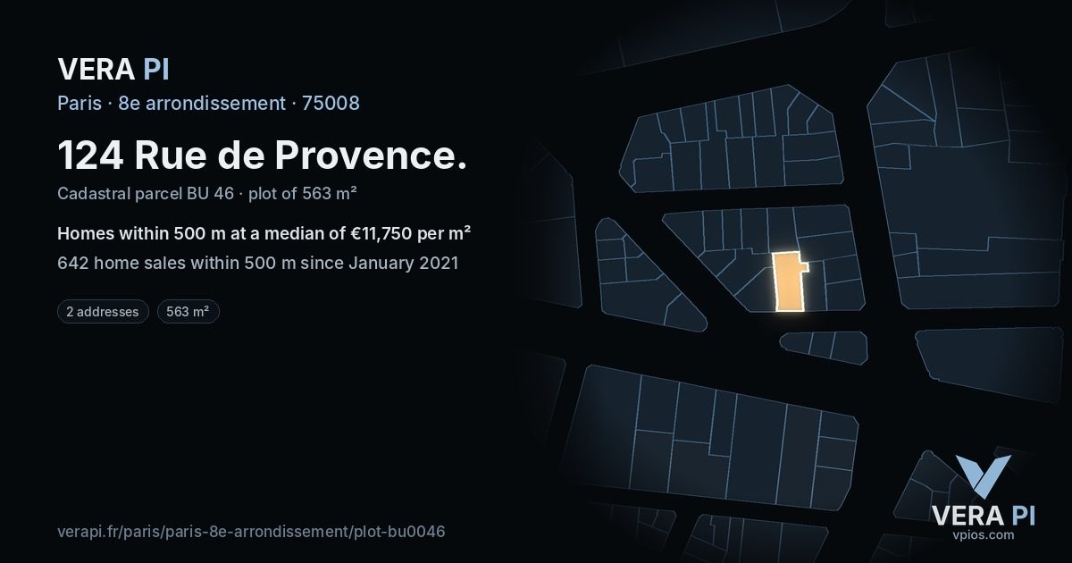 124 Rue de Provence, 8e arrondissement at night – the plot lit, the parcels around coloured by the prices near them