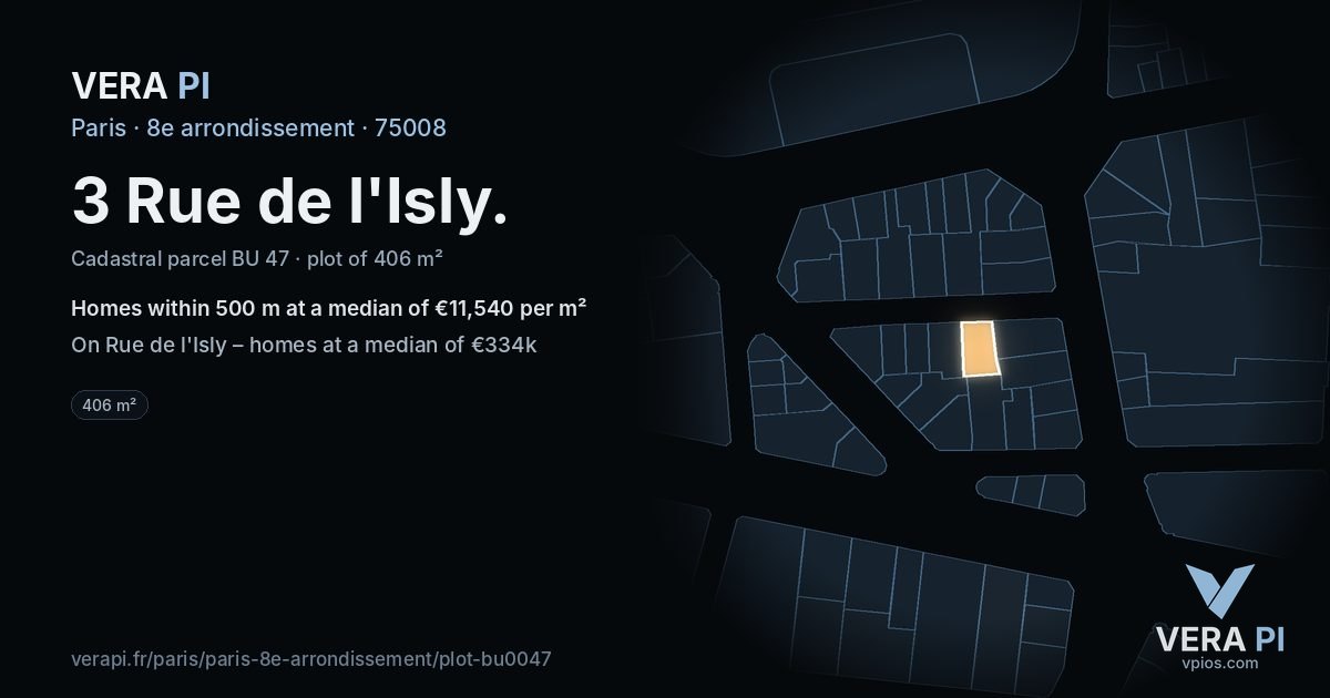 3 Rue de l'Isly, 8e arrondissement at night – the plot lit, the parcels around coloured by the prices near them