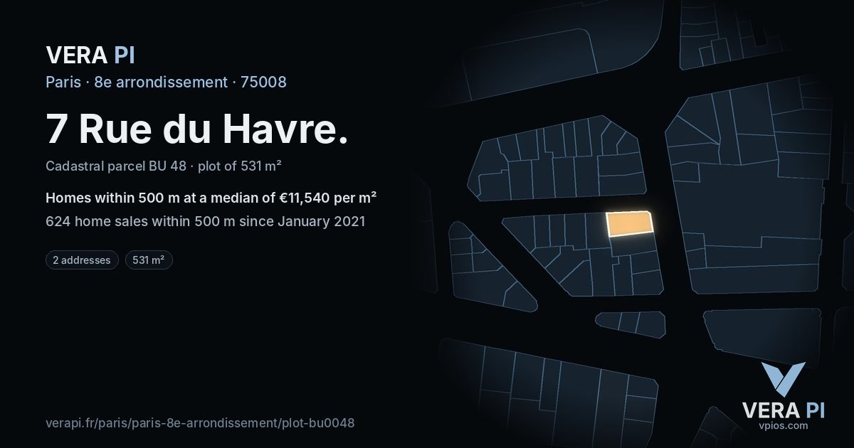 7 Rue du Havre, 8e arrondissement at night – the plot lit, the parcels around coloured by the prices near them