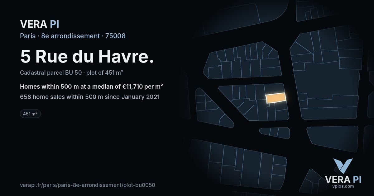 5 Rue du Havre, 8e arrondissement at night – the plot lit, the parcels around coloured by the prices near them