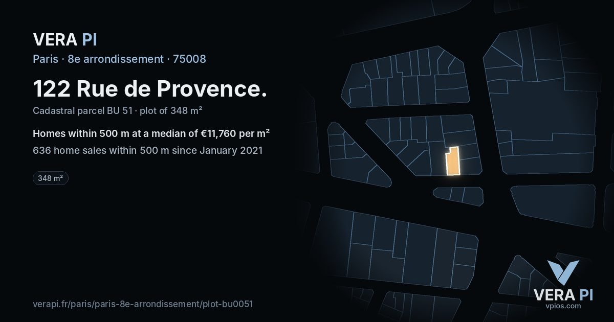122 Rue de Provence, 8e arrondissement at night – the plot lit, the parcels around coloured by the prices near them