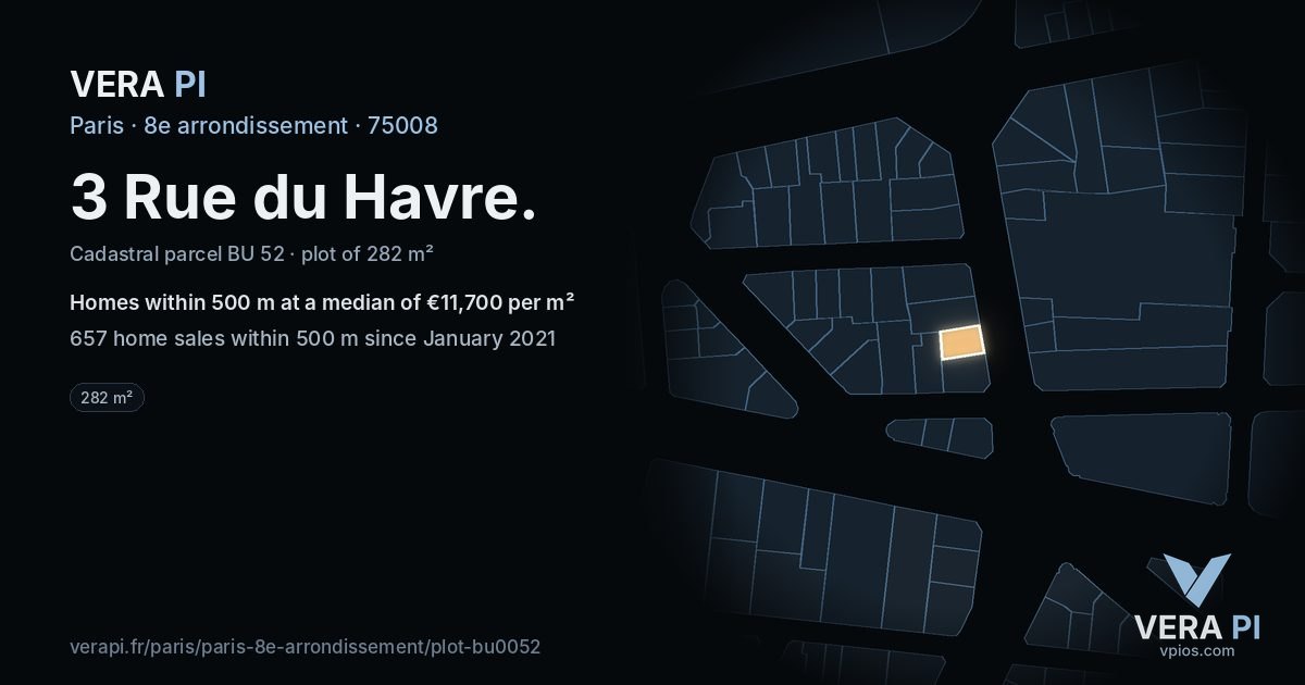 3 Rue du Havre, 8e arrondissement at night – the plot lit, the parcels around coloured by the prices near them