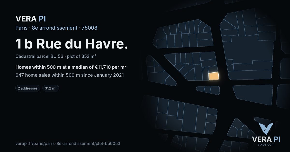1 b Rue du Havre, 8e arrondissement at night – the plot lit, the parcels around coloured by the prices near them