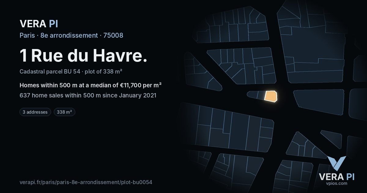 1 Rue du Havre, 8e arrondissement at night – the plot lit, the parcels around coloured by the prices near them