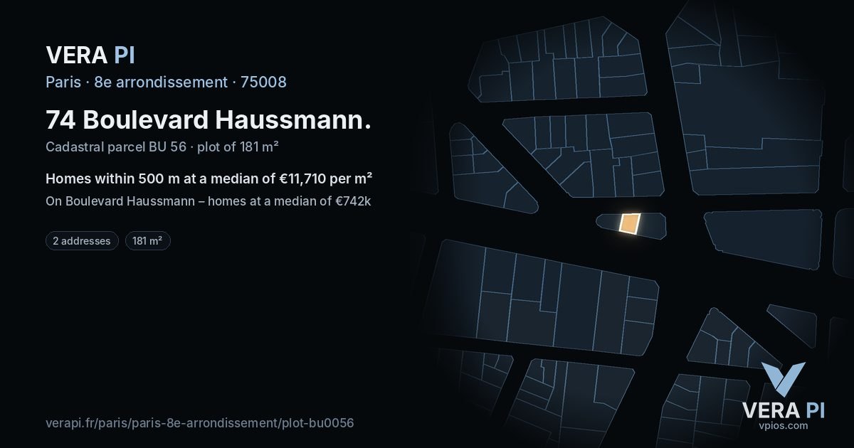 74 Boulevard Haussmann, 8e arrondissement at night – the plot lit, the parcels around coloured by the prices near them