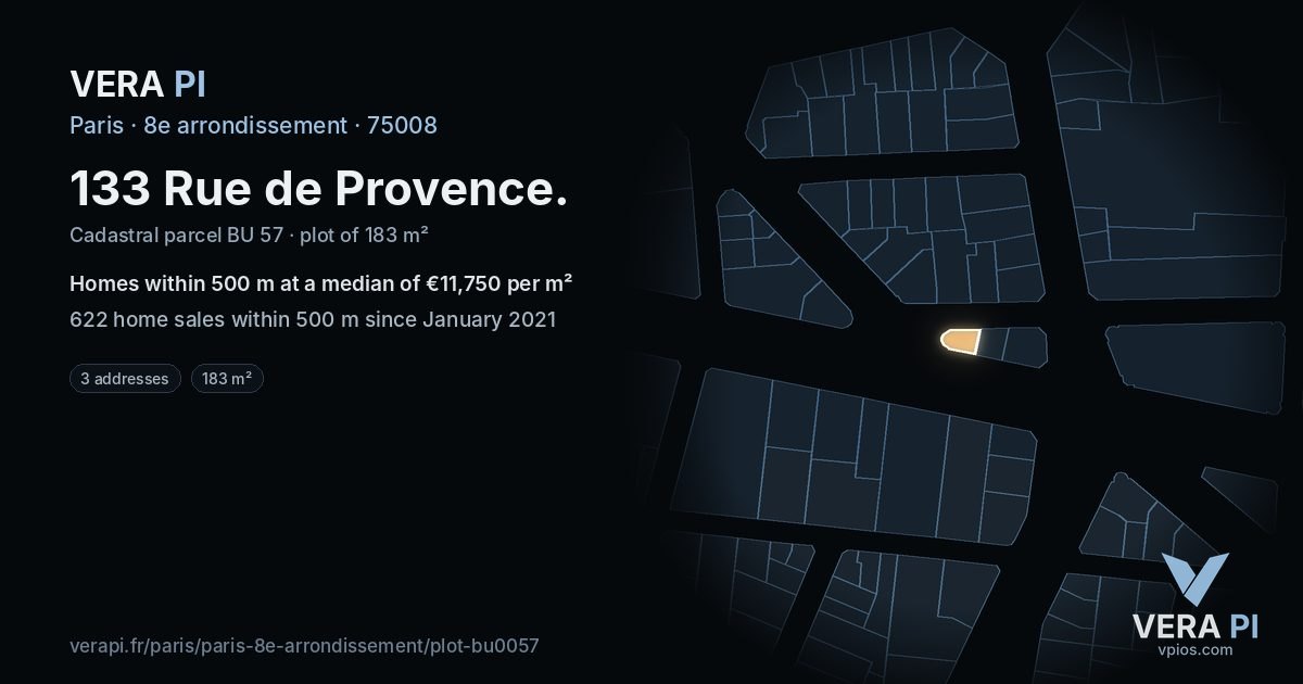 133 Rue de Provence, 8e arrondissement at night – the plot lit, the parcels around coloured by the prices near them
