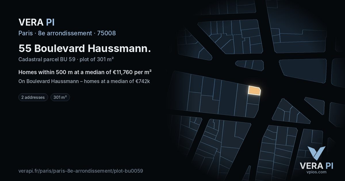 55 Boulevard Haussmann, 8e arrondissement at night – the plot lit, the parcels around coloured by the prices near them
