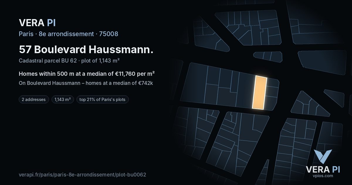 57 Boulevard Haussmann, 8e arrondissement at night – the plot lit, the parcels around coloured by the prices near them